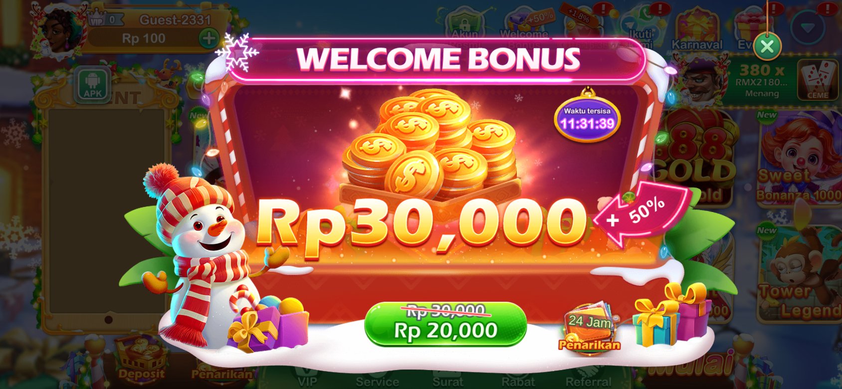 Bonus selamat datang hingga Rp30,000 saat bergabung dengan idr777 Slot APK.